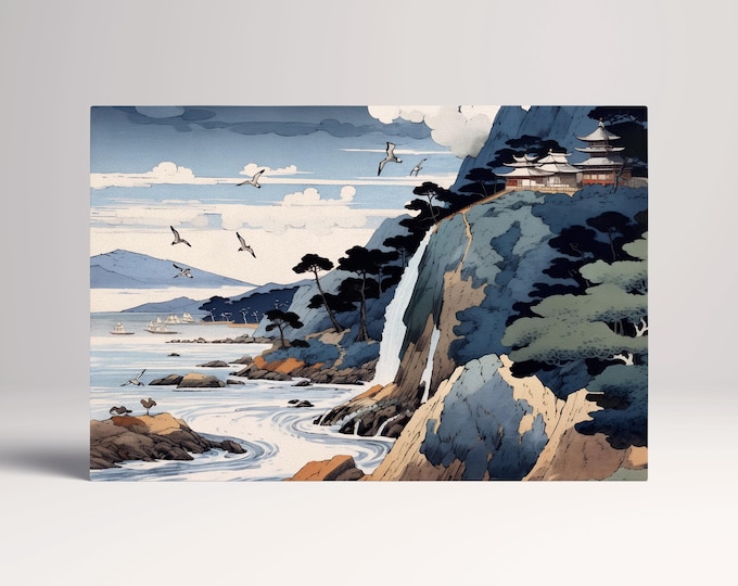 Japanese Coastal Serenity: Waterfalls and Waves Canvas Home Art Wall Decor Eco Leather Print, Made in Italy!