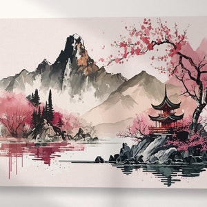 Minimalistic Pink Japan Artwork Wall Art Framed Canvas Eco Leather Print, Made in Italy!