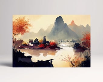 Oriental Landscape Framed Canvas Print, Warm Tones Vegan Leather Art
