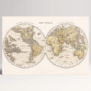 Antique World Map Wall Art — Eco Leather Canvas, Dual Hemisphere 19th Century Multi Panel