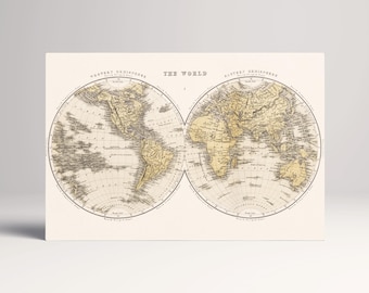 Antique World Map Wall Art — Eco Leather Canvas, Dual Hemisphere 19th Century Multi Panel