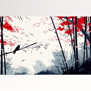 Pájaro de bambú susurrante en un bosque carmesí: impresión en lienzo de arte de pared asiático minimalista, ¡fabricado en Italia!