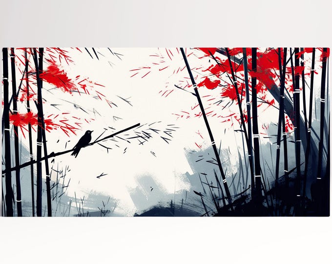 Whispering Bamboo Bird in a Crimson Forest - Minimalist Asian Wall Art Canvas Print, Made in Italy!