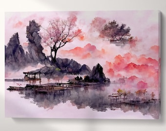 Pink Japanese Lake Canvas Print: Vegan Leather Mountain Art - Etsy
