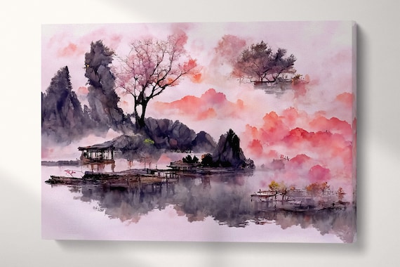Pink Japanese Lake Canvas Print: Vegan Leather Mountain Art - Etsy