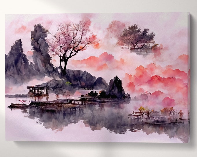 Pink Japanese Style Artwork Forest Lake Mountain Eco Leather Print Canvas Print Ready to Hang, Made in Italy!