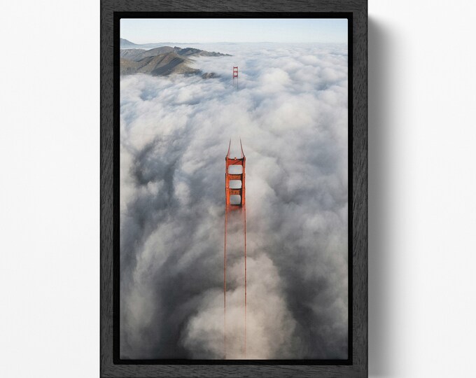 San Francisco Foggy Golden Gate From Above Canvas Wall Art Home Decor Eco Leather Print, Made in Italy!