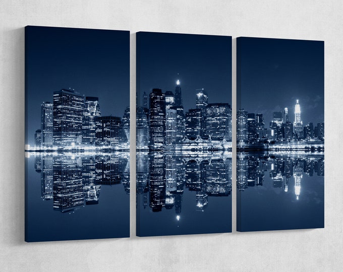 Manhattan at night, New York City Leather Print/Large Wall Art/Multi Panel Print/Large Wall Decor/Manhattan Skyline/Better than Canvas!