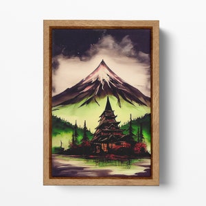 Paesaggio Giapponese Sumi-e Fuji con cornice premium stampa su tessuto ecopelle Made in Italy