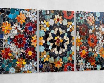 Floral Mosaic Pattern Art PETA Approved Eco Leather Canvas Single or Triptych Art