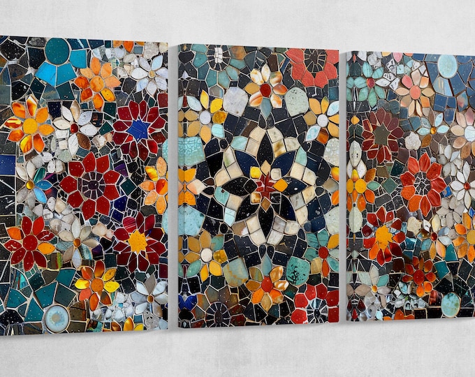 Blooming Mosaic: Symphony of Colors Wall Art Home Decor Framed Canvas Eco Leather Print, Made in Italy!