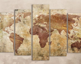 Cracked World Map Leather Print: 5-Panel Vintage Wall Art
