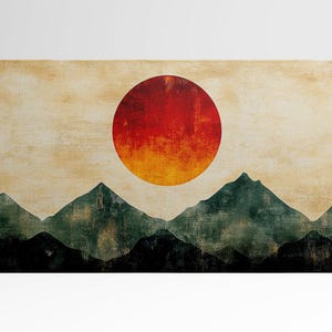 Paesaggio Giapponese Astratto con Sole Rosso Stampa da Arredo su Tessuto Ecopelle Made in Italy