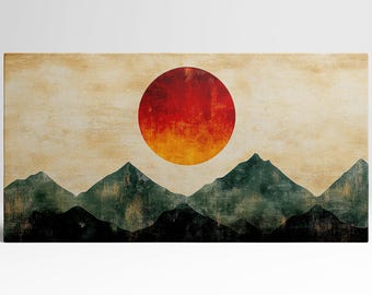 Abstract Japanese Landscape Red Sun PETA Approved Eco Leather Single Triptych Wall Art