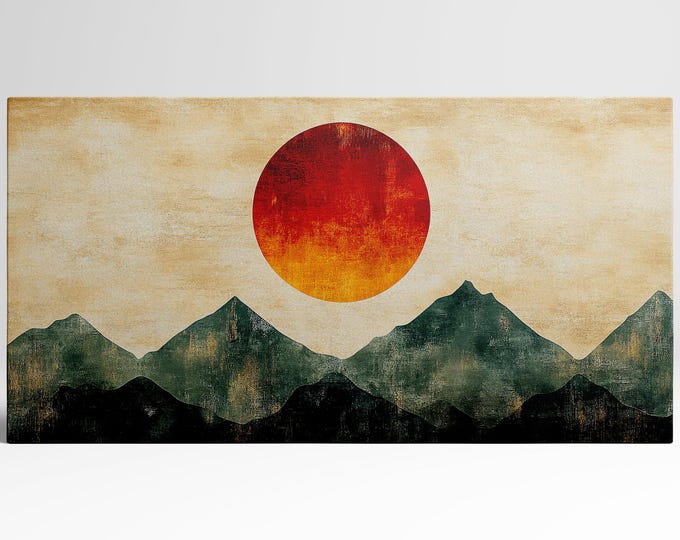 Abstract Japanese Landscape Red Sun Wall Art Print