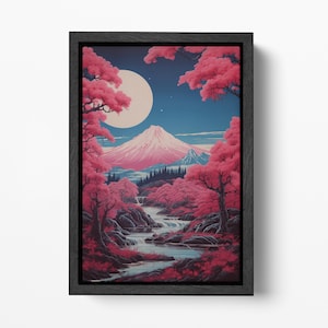 Sakura Al Chiaro Di Luna Stile Ukiyo-e Giapponese Canvas Stampa su Tessuto Ecopelle Made in Italy