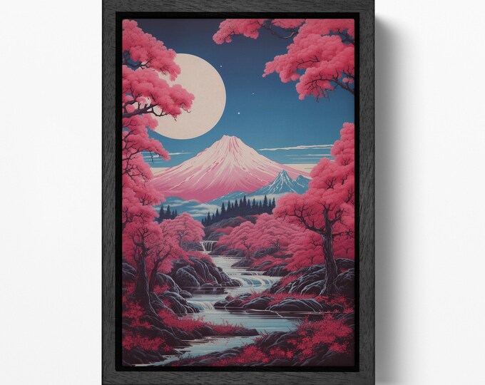 Moonlit Sakura Landscape Japanese Ukiyo-e Style Wall Art Eco Leather Canvas Wall Decor Print, Made in Italy!