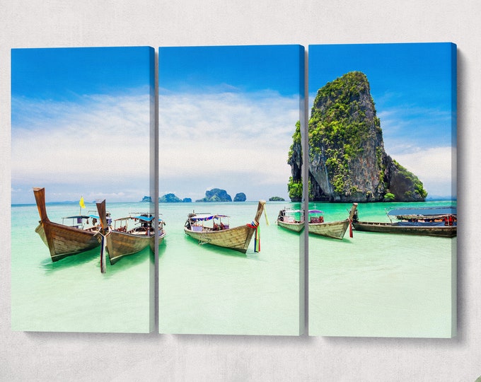 Phuket, Thailand Longtail Boats and the Sea Canvas Leather Print/Phuket Print/Longtale Boats/Large Wall Art/Made in Italy/Better than Canvas