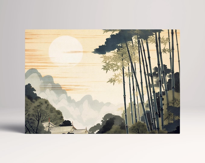 Ukiyo-e Style Bamboo Forest at Sunrise Asian Wall Art Scene Eco Leather Home Decor Canvas Print, Made in Italy!