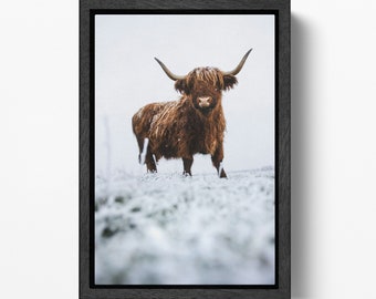 Longhorn Cow in Snow Wall Art Vegan Leather Canvas Print Cowboy Gift