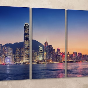 Hong Kong Island Downtown Skyline at Sunset Canvas Leather Print/Large Hong Kong Print/Large Wall Art/Made in Italy/Better than Canvas!
