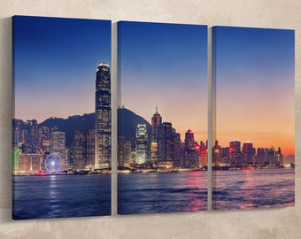 Hong Kong Skyline Sunset Wall Art Vegan Leather Print Ready to Hang