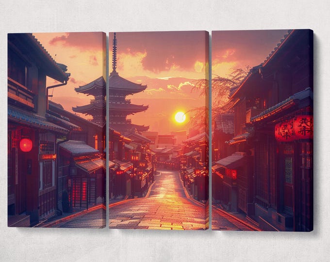 Golden Hour in Kyoto Lanterns' Glow Anime Canvas Wall Art Eco Leather Print, Made in Italy!
