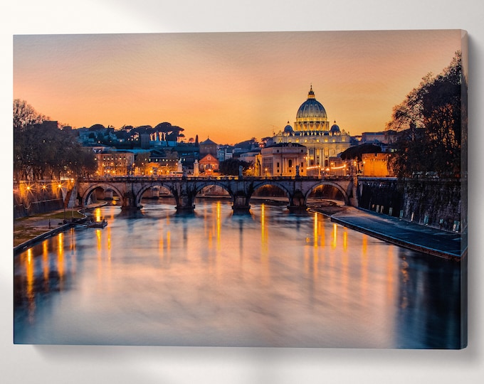 Rome, Sunset at Saint Peter's Basilica Canvas Eco Leather Print, Made in Italy!