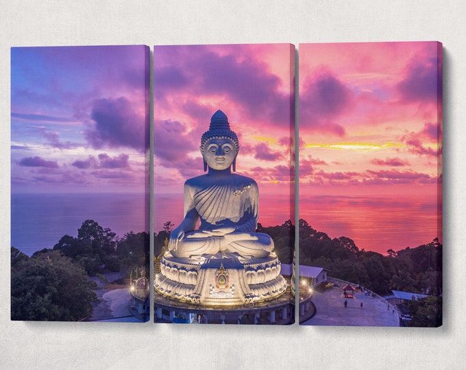 Big Buddha of Phuket at Twilight Framed Canvas Leather Print, Made in Italy!