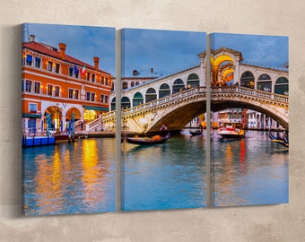 3 Pieces Venezia, Rialto Bridge at Dusk Leather Print/Venice Wall Art/Rialto Bridge Large Print/Large Wall Decor/Better than Canvas!