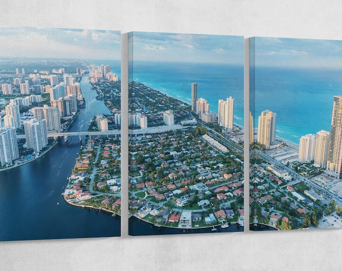 Miami Skyline Aerial View Leather Print/Miami Extra Large Print/Large Wall Art/Multi Panel/Made in Italy/Better than Canvas!