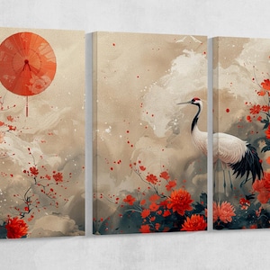 Asia Armonia in Fiore: Gru tra Crisantemi canvas stampa su tessuto ecopelle Made in Italy
