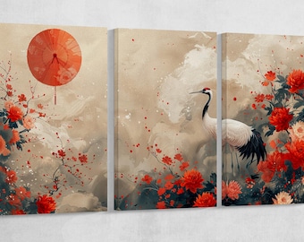 Crane and Chrysanthemums Eco Leather Wall Art Frame