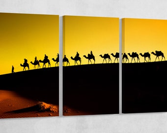 Sahara Desert Camel Caravan Sunset PETA Approved Eco Leather Single Triptych Wall Art