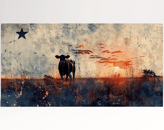 Texas Grunge Longhorn Sunset on the Prairie Wall Art Home Decor Framed Canvas Print, Made in Italy!