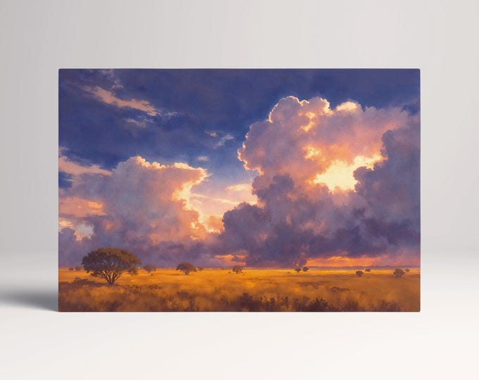Golden Savanna Sunset Dramatic Cloud Landscape Wall Art Home Gift Eco Leather Print