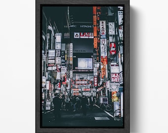 Tokyo Neon Street Japan Night PETA Approved Eco Leather Framed Cyberpunk Wall Art