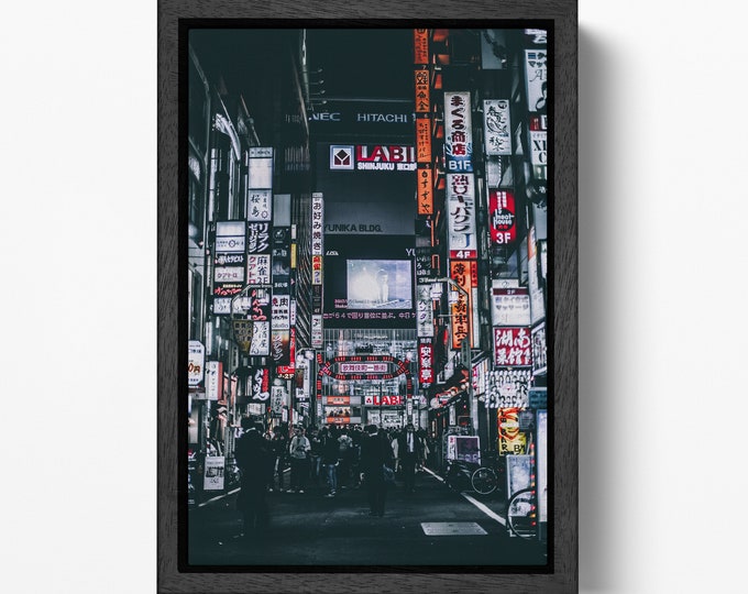 Tokyo neon street Japan gray scale wall art canvas eco leather print, Made in Italy!