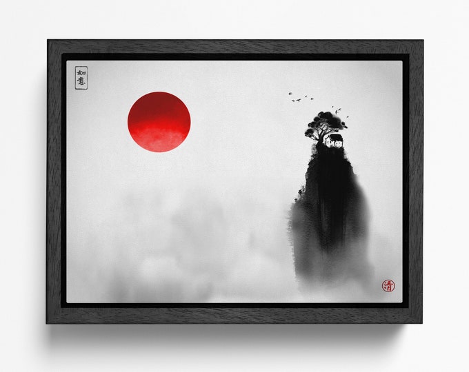 Japanese Red Sun Zen House Landscape Black and White Wall Art Framed Canvas Print, Made in Italy!