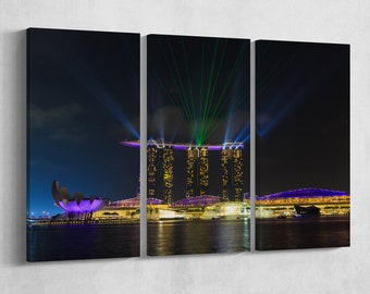 3 Panel Marina Bay Sands Laser Show Leather Print/Large Singapore Print/Large Marina Bay Print/Wall Art/Made in Italy/Better than Canvas!
