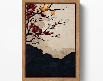 Moonlit Cat On Cherry Blossoms PETA Approved Faux Leather Wall Art