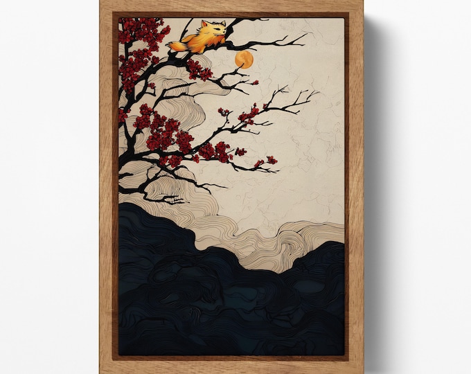 Moonlit Cat on Cherry Blossoms Eco Leather Canvas Wall Art Print, Made in Italy!