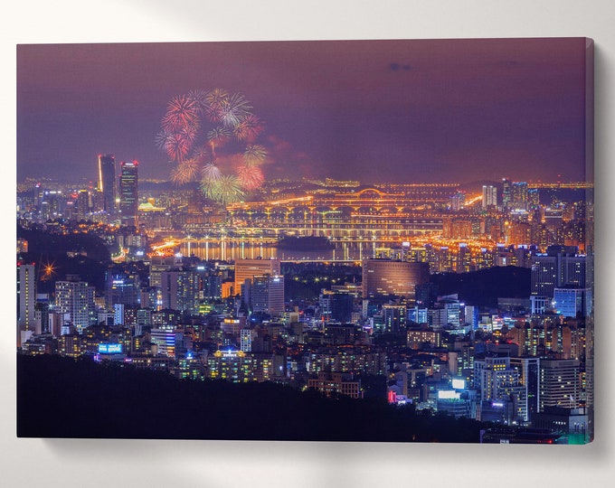 Seoul Fireworks Festival, South Korea Canvas Eco Leather Print, Made in Italy!