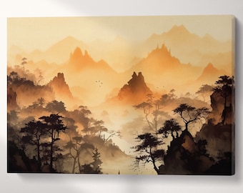Oriental Mountain Canvas Print: Sepia Black and White Eco Leather Wall Art