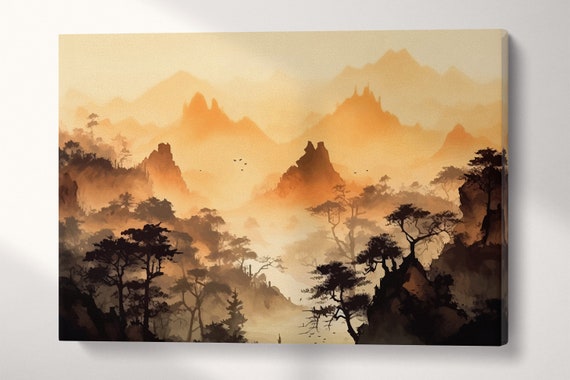 Oriental Mountain Canvas Print: Sepia Black and White Eco Leather