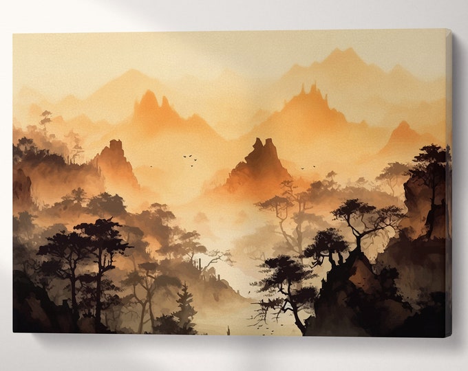 Oriental Sepia Black and White Mountains Artwork Wall Art Framed Canvas Eco Leather Print, Made in Italy!