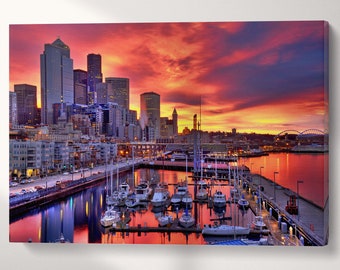 Seattle Skyline at Dawn PETA Approved Faux Leather Wall Art