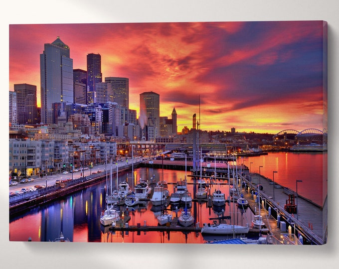 Seattle Skyline at Dawn Leather Print/Seattle Canvas Print/Large Wall Art/Large Wall Decor/Triptych/Made in Italy/Better than Canvas