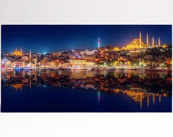 Istanbul at night wall art canvas eco leather print, Made in Italy!