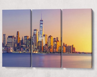 Lower Manhattan Sunset Eco Leather Wall Art Single and Multi Panel Triptych